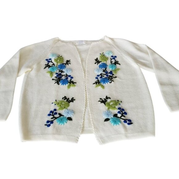 Vtg 60s 70s Sears LG Crewel Embroidered Floral Ivory White Open Front  Cardigan - Picture 9 of 12